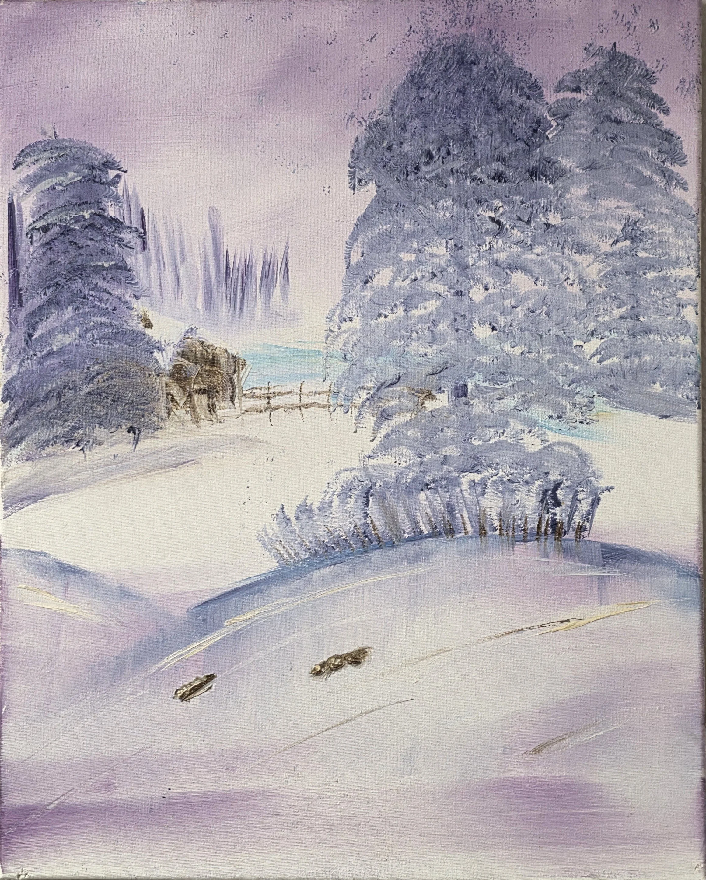 A winter landscape with snow-covered trees and a wooden fence, painted in a soft, pastel color palette with shades of purple, blue, and white.