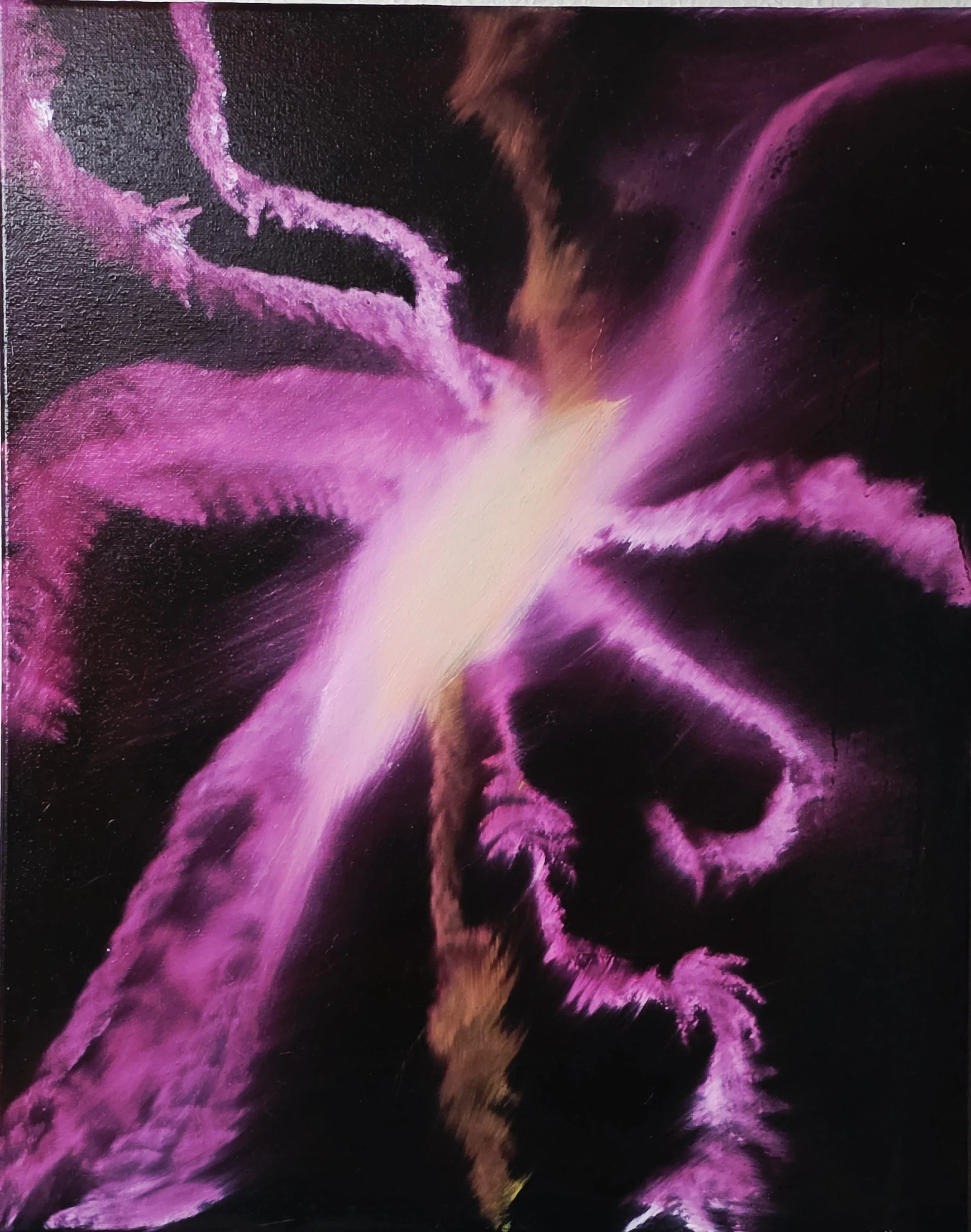 A close-up painting or drawing of a purple and black flower with detailed petals.
