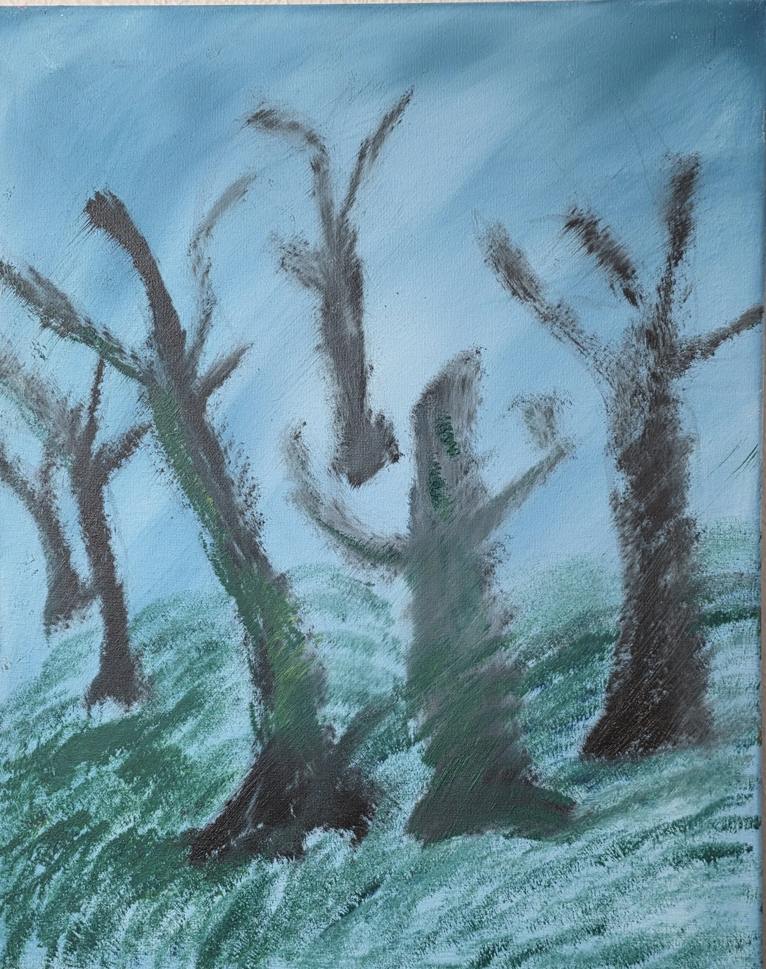 A painting of tall, slender trees with dark trunks and sparse branches against a blue sky, with green grass at the base.