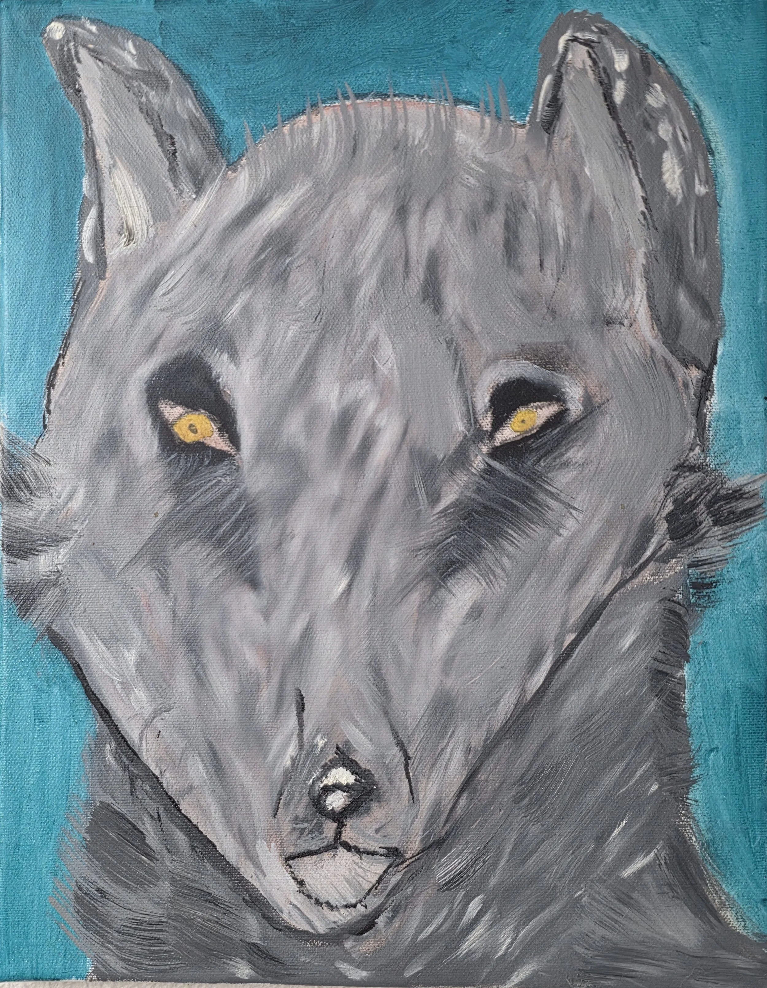 A painting of a grey wolf with piercing yellow eyes, visible fur details, set against a bright turquoise background.