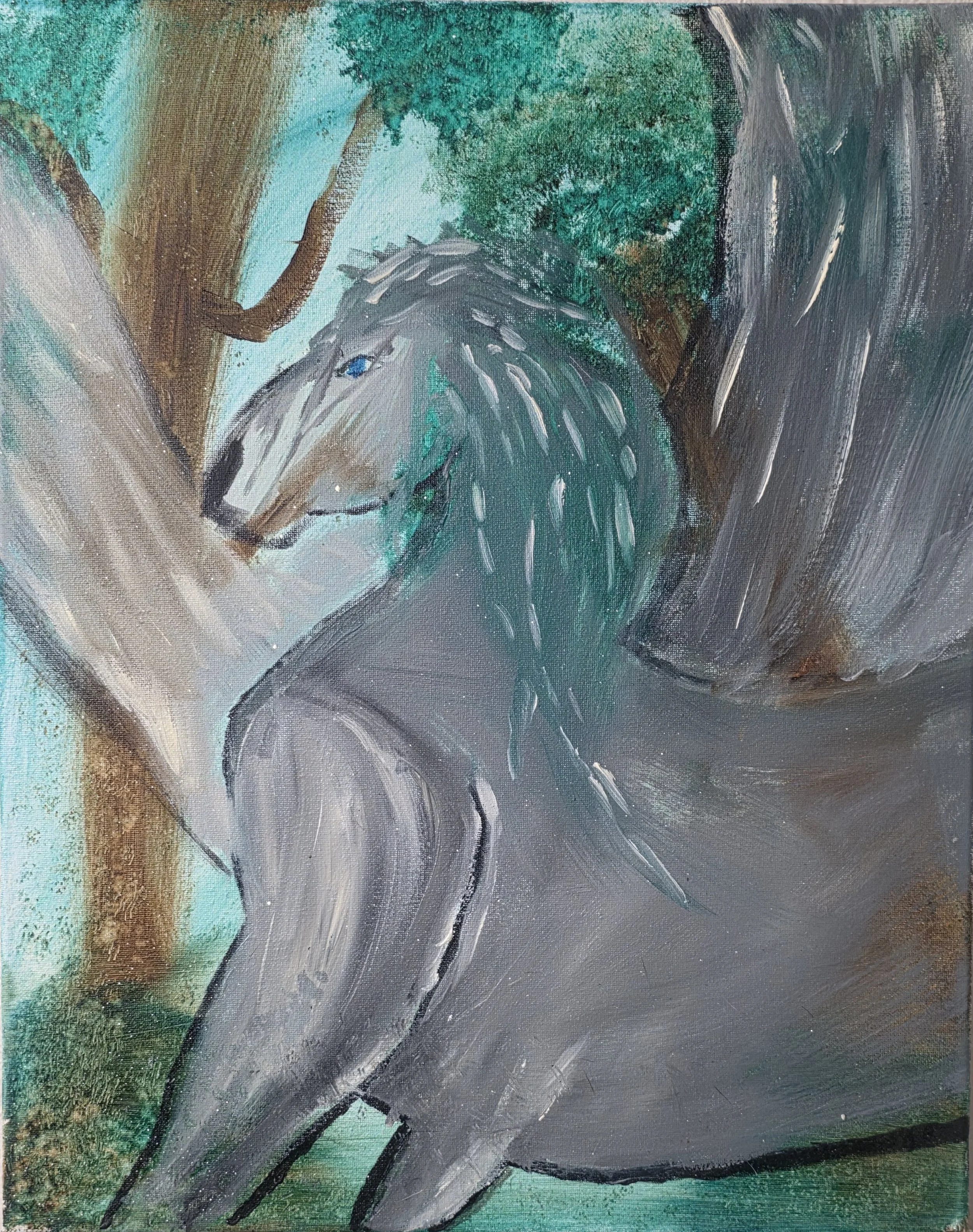 A painting of a horse standing on grass near a dirt path with trees and foliage in the background.