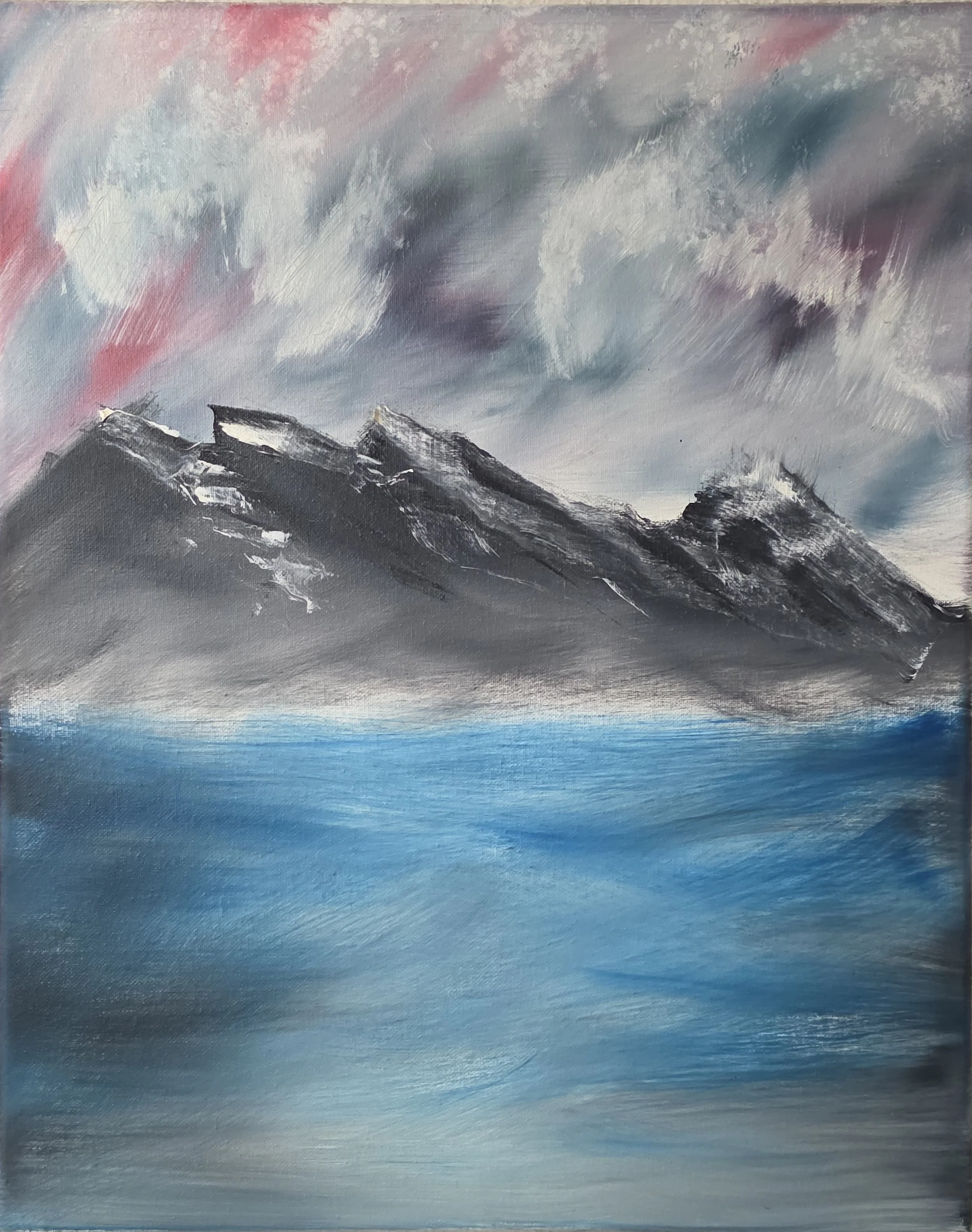 Landscape painting of snow-capped mountains under cloudy sky with a blue and gray gradient horizon.