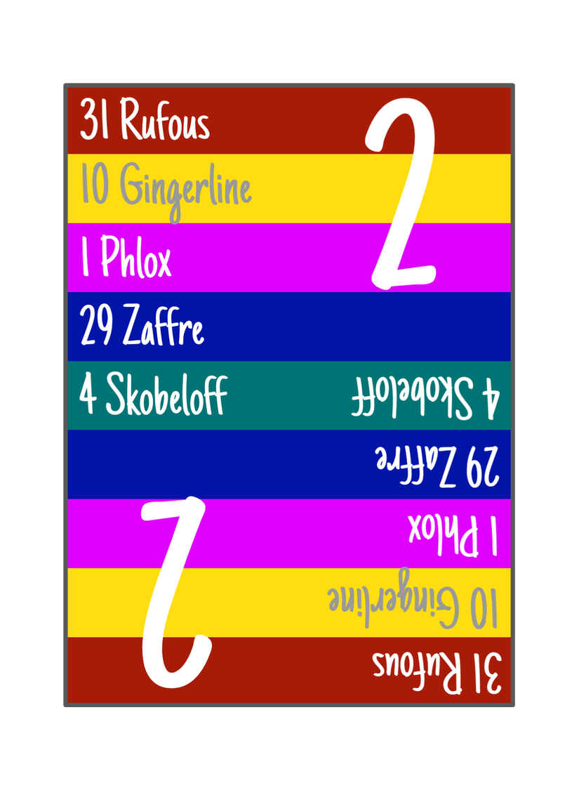 Colorful list with names and numbers, including '31 Rufous', '10 Gingerline', '1 Phlox', '29 Zaffre', '4 Skobeloff', and '36 Rakaus', with some text upside down and background colors in red, yellow, pink, green, and blue.