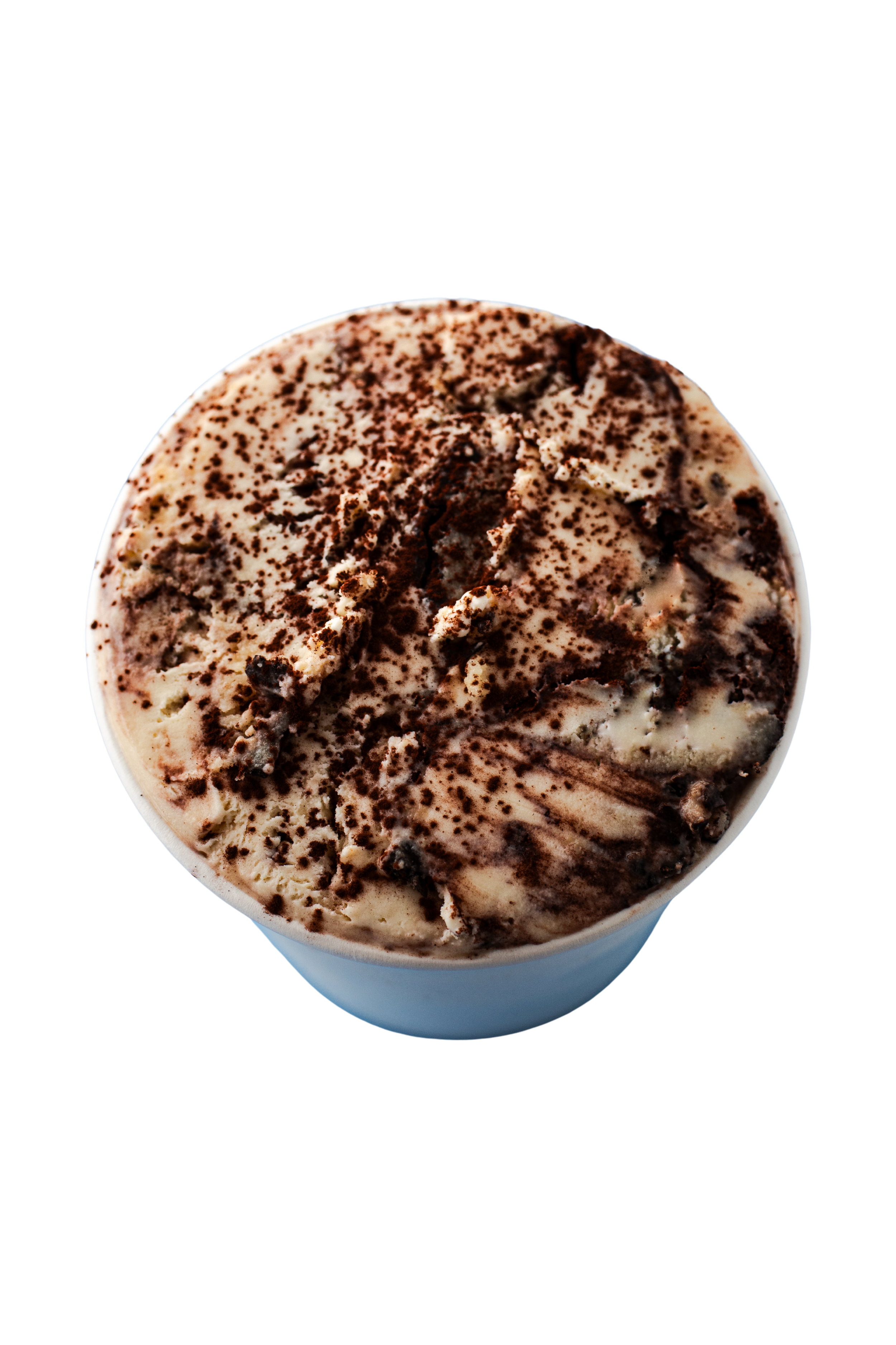 Close-up view of a cup of ice cream topped with chocolate shavings and cookie crumbs.