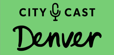 Logo for City Cast Denver featuring black text and a microphone icon on a green background.