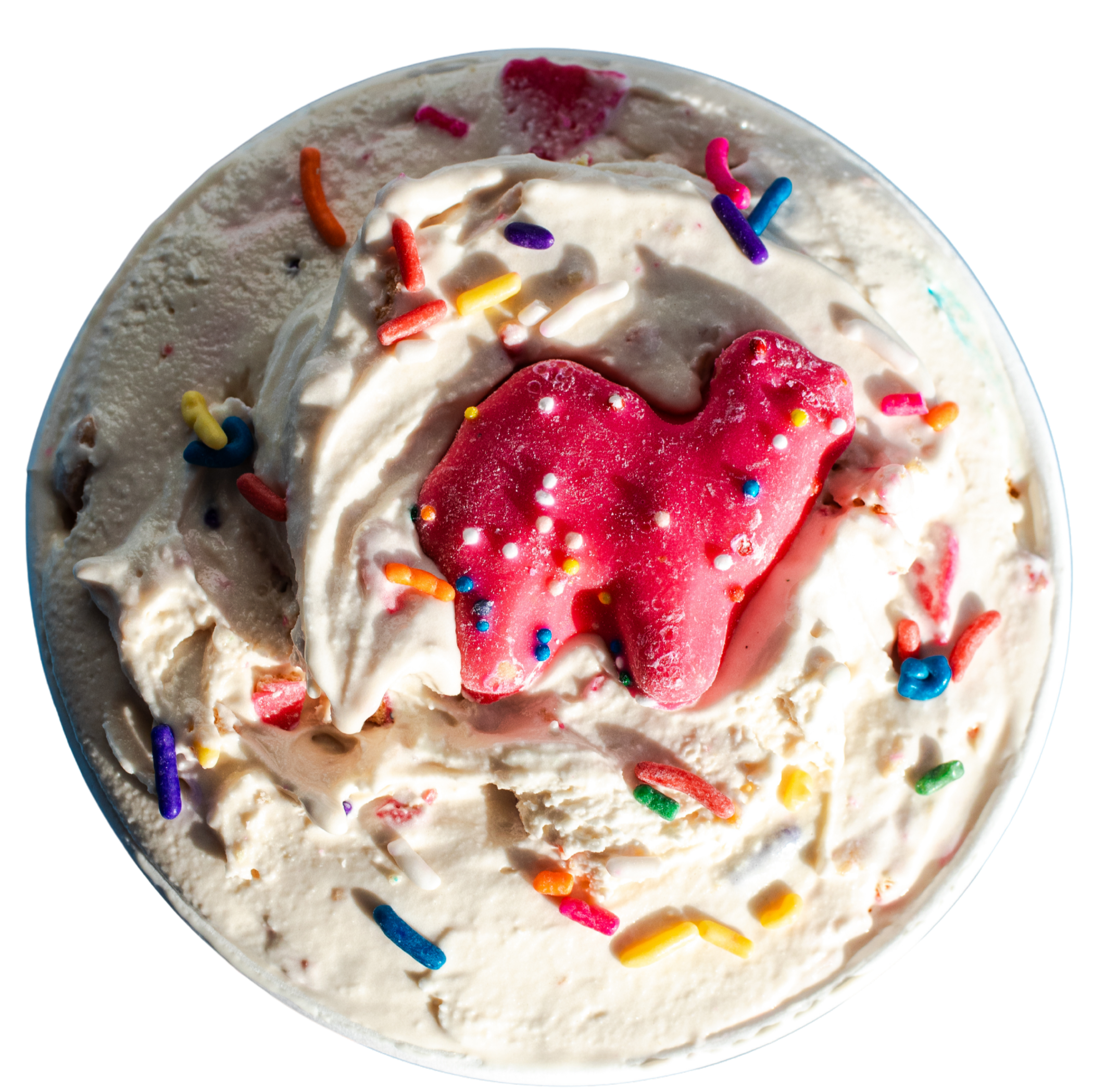 Close-up of a vanilla ice cream scoop decorated with colorful sprinkles, a red star-shaped cookie, and small white sugar pearls against a black background.