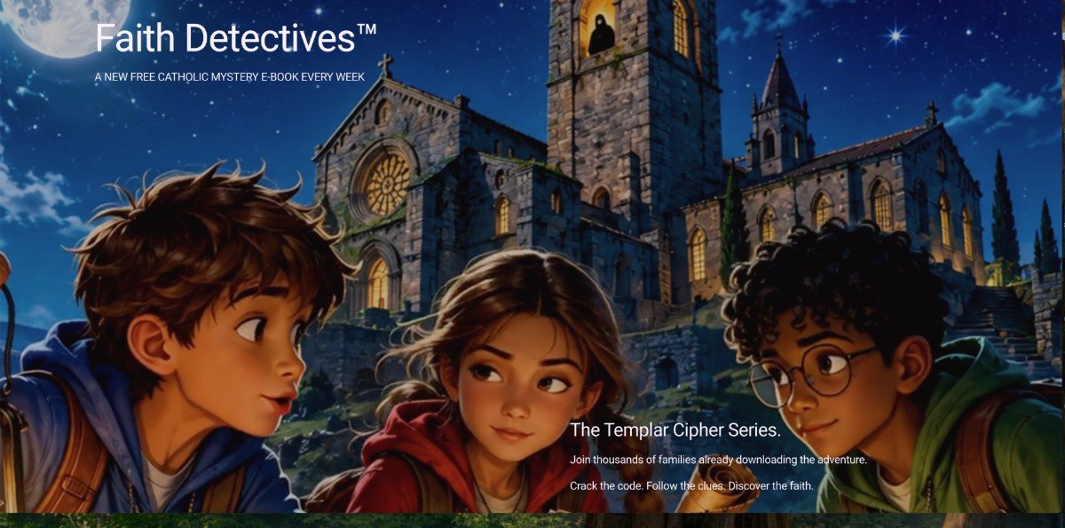 Digital illustration of three diverse children with backpacks, standing in front of a church, under a night sky with stars and a full moon, promoting the Faith Detectives series.