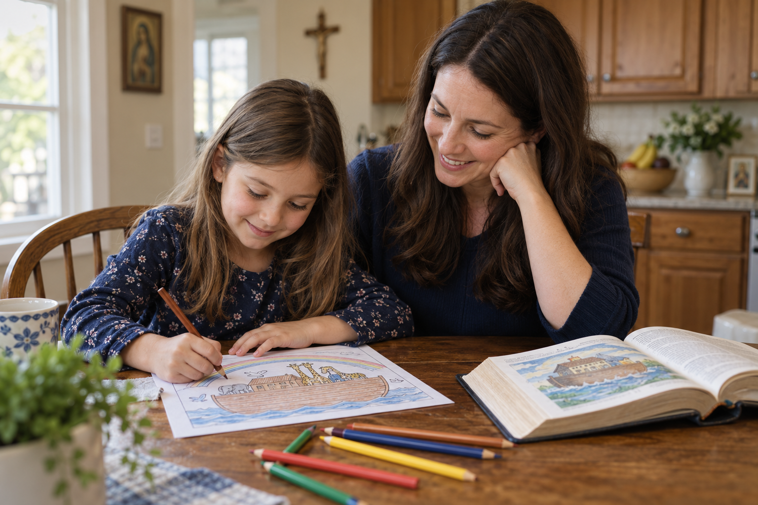 A woman and a young girl sitting at a wooden table, coloring a picture of Noah's Ark with colored pencils, in a kitchen with natural light and religious decorations.