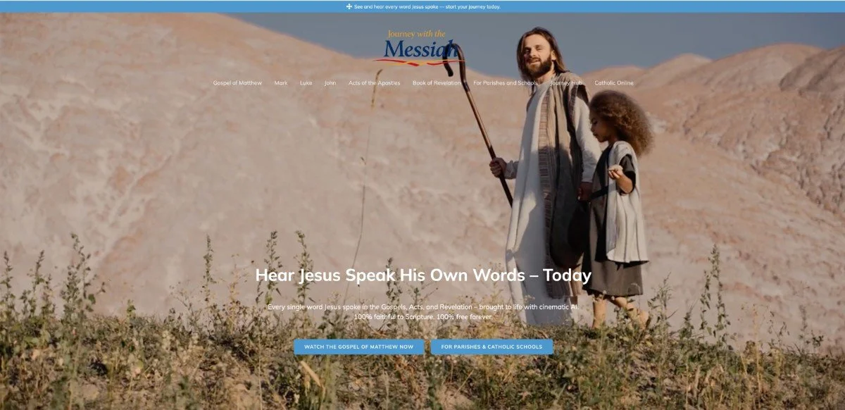 Man dressed as Jesus walking in a desert landscape with a young girl, with mountains in the background.