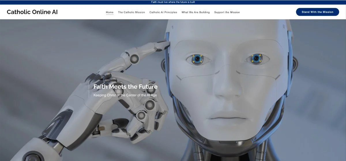 A humanoid robot with a white face and blue eyes touching its temple with its hand, on a website titled 'Catholic Online AI'.
