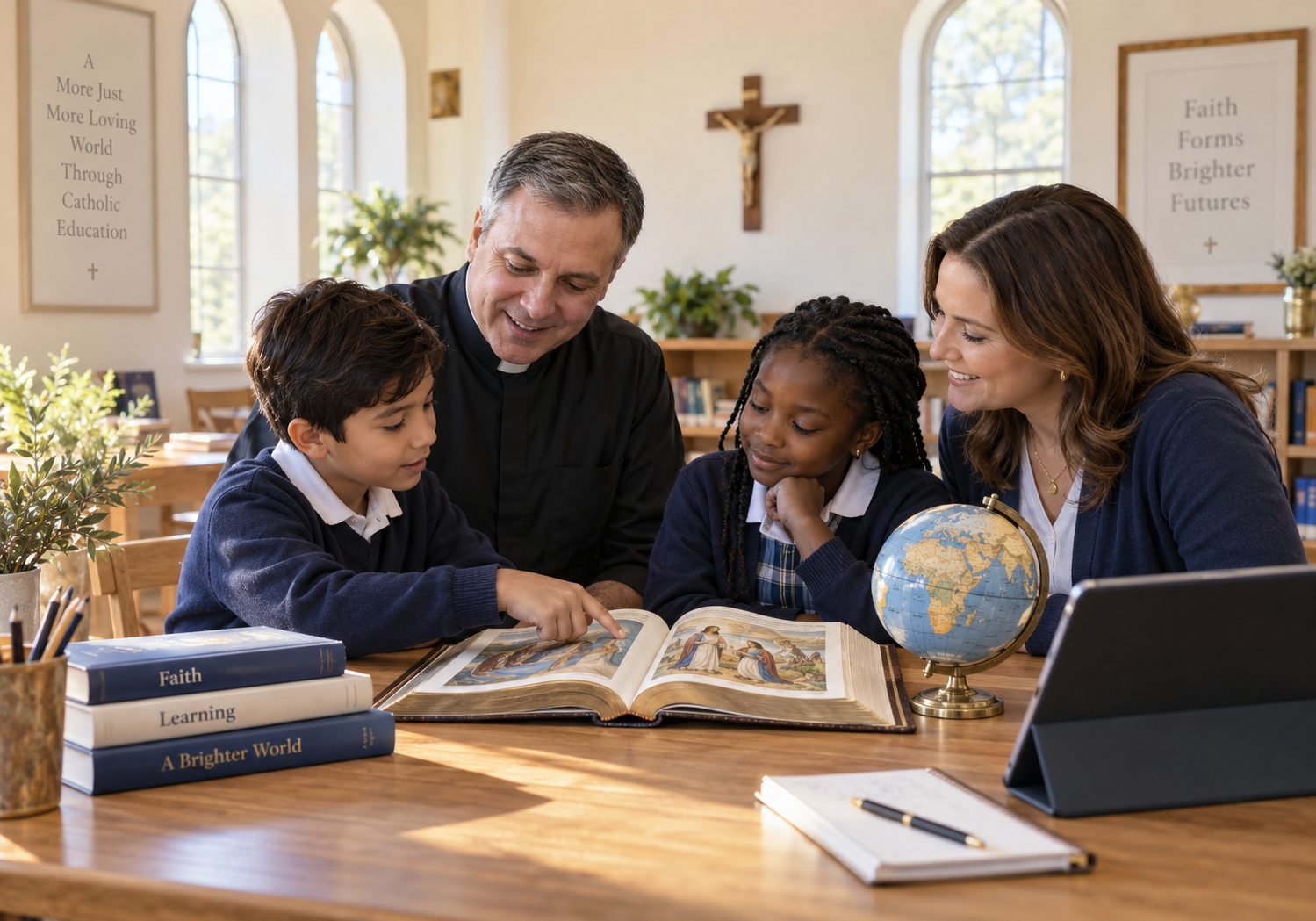 A priest, two children, and a woman look at a book together at a wooden table in a bright, well-lit room with church decor and bookshelves.