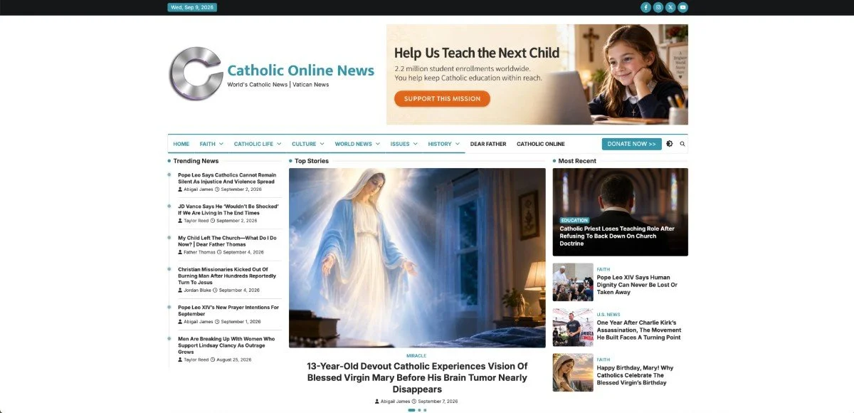 Screenshot of the Catholic Online News website with headlines, navigation menu, and a banner promoting teaching children.