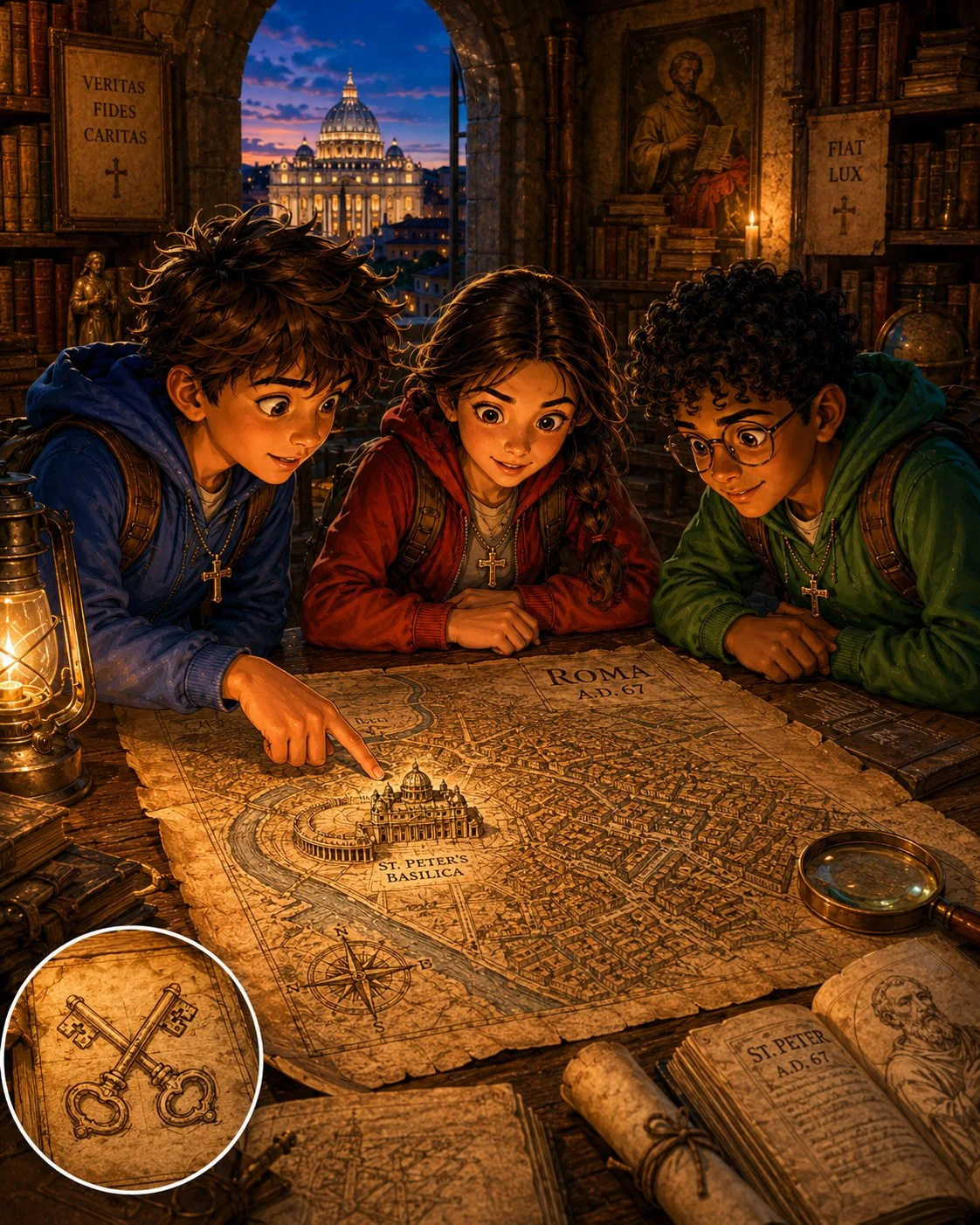 Three children with cross necklaces examining an ancient map of Rome at night in a study, with a view of St. Peter's Basilica in the background.
