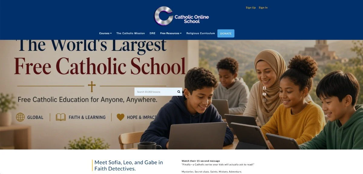 Homepage of Catholic Online School featuring a group of diverse children and a woman smiling while using tablets and laptops outdoors, with a scenic background.