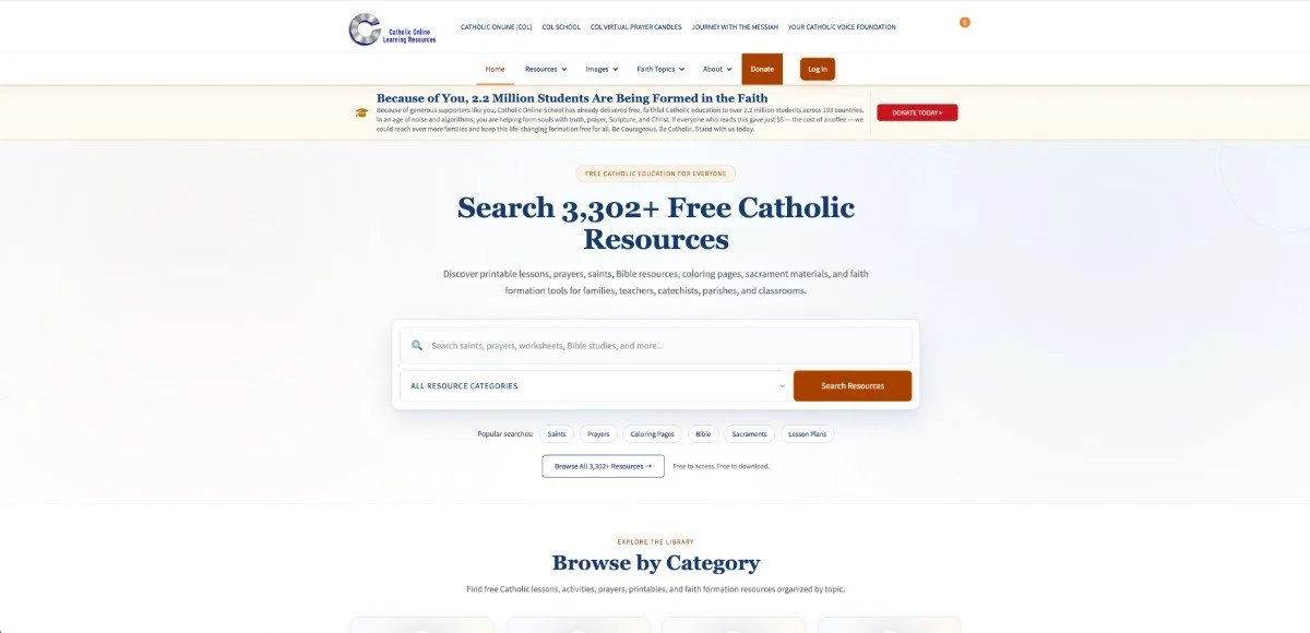 Screenshot of a website for Catholic online learning resources featuring a search bar for free Catholic resources, with text highlighting over 3,300 resources available.