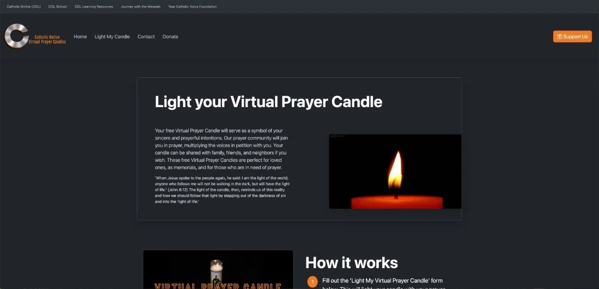 Webpage with a dark background promoting virtual prayer candles. Contains a large heading 'Light your Virtual Prayer Candle' and an image of a lit red candle. Also shows a smaller section titled 'How it works' with an image of a white candle.