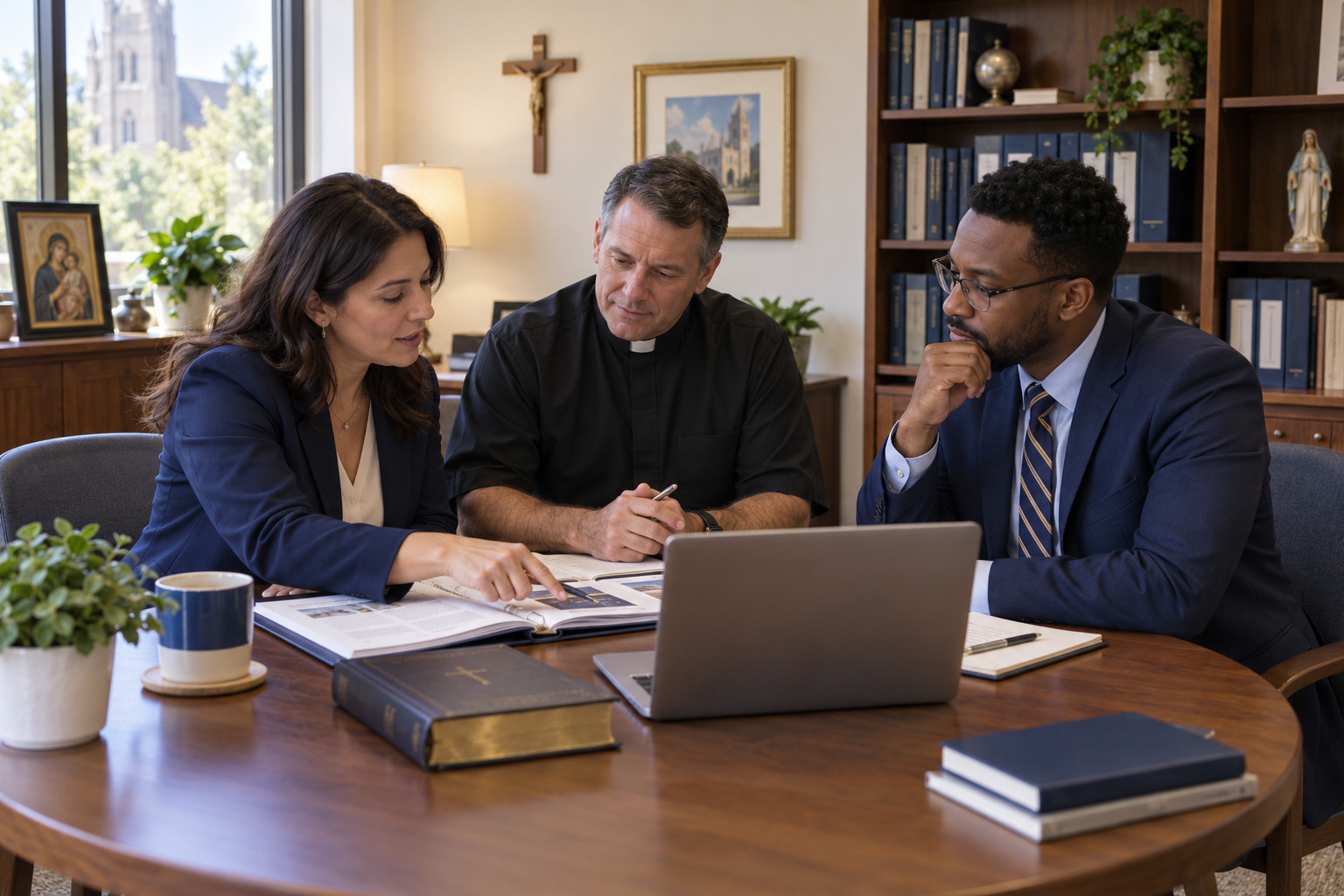 A priest and two professionals discussing documents around a laptop in a religious office, with Christian symbols and bookshelves in the background.