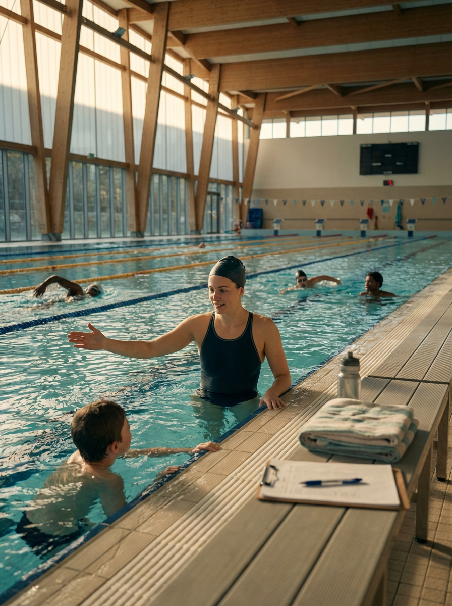 An indoor swimming pool with a wooden ceiling and large windows. A swimming instructor in a black swimsuit and swim cap is talking to a young boy in the pool, with other swimmers in the background. A bench with towels, a water bottle, and a clipboard is on the poolside.
