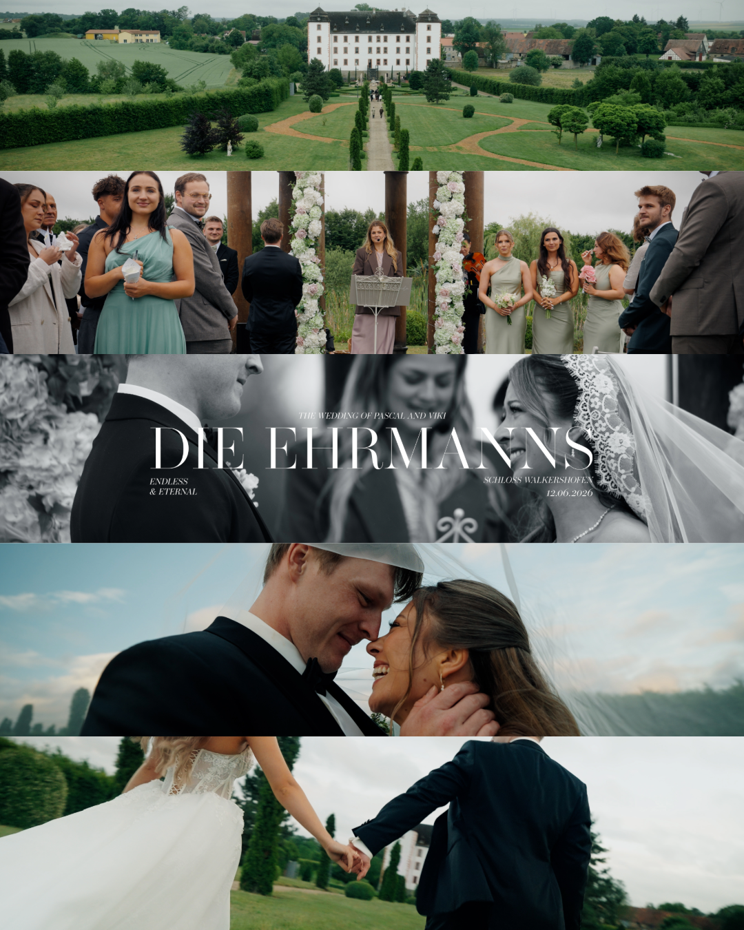 Eine Collage von Hochzeitsfotos, die eine Hochzeit auf einem Schloss zeigt, einschließlich Gruppenfoto, Redner, Paar im Moment der Liebe, und das Brautpaar beim Händchenhalten im Freien.