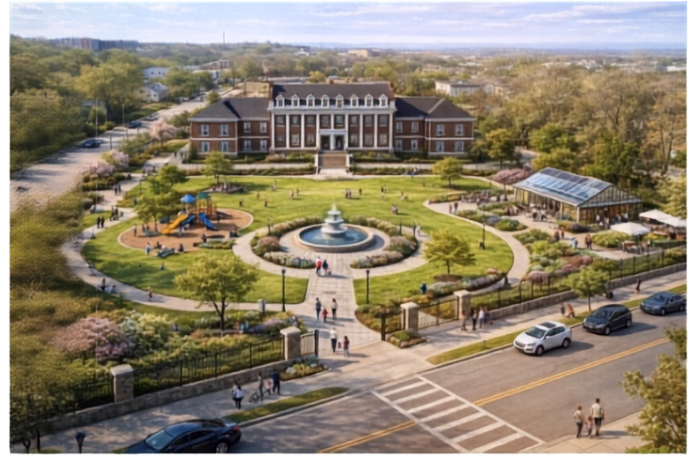 A large brick building with a central entrance, surrounded by a landscaped garden with a fountain, pathways, trees, and a playground, situated behind a street with cars and pedestrians.