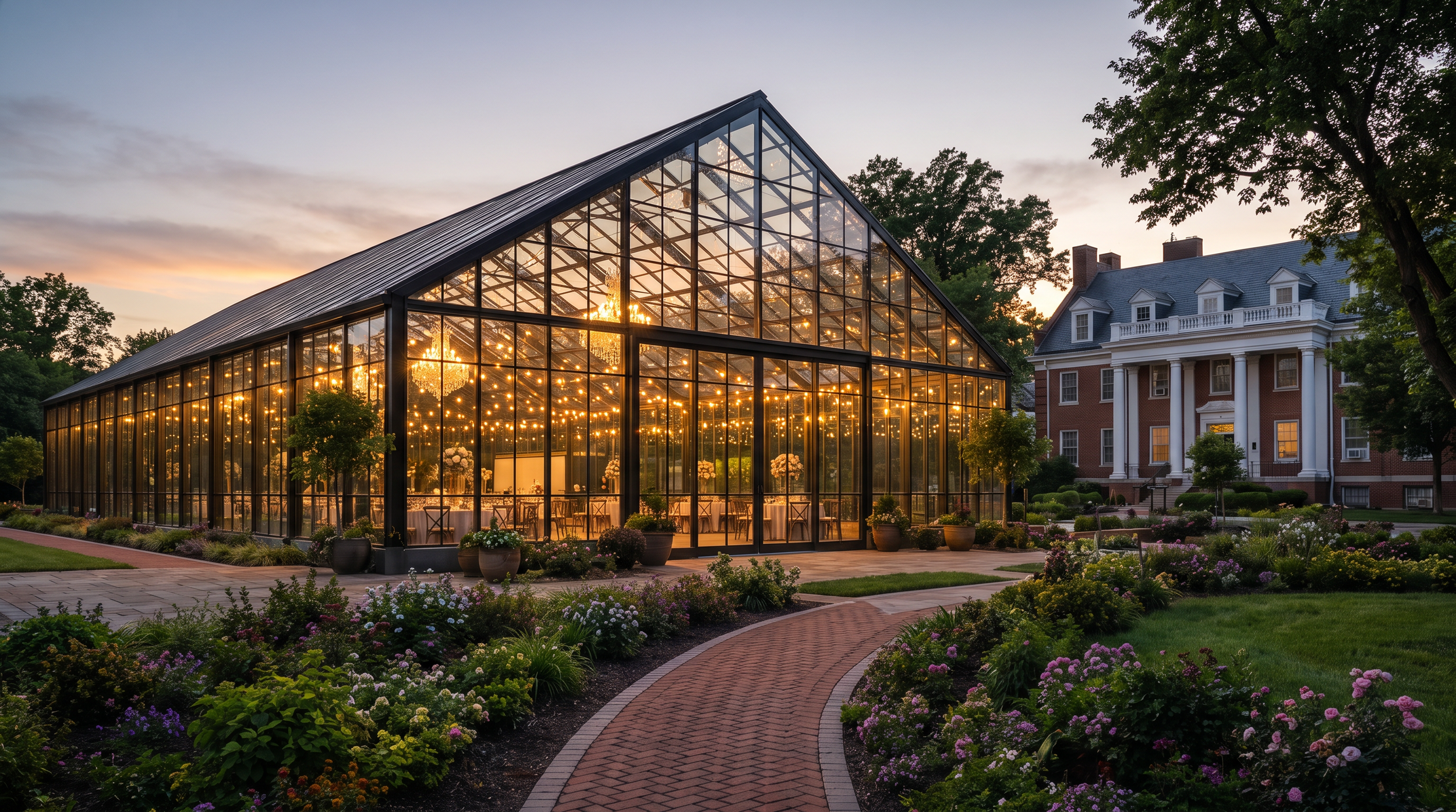 A glass greenhouse illuminated from inside during sunset, with a historic mansion behind it, surrounded by garden and flowers.