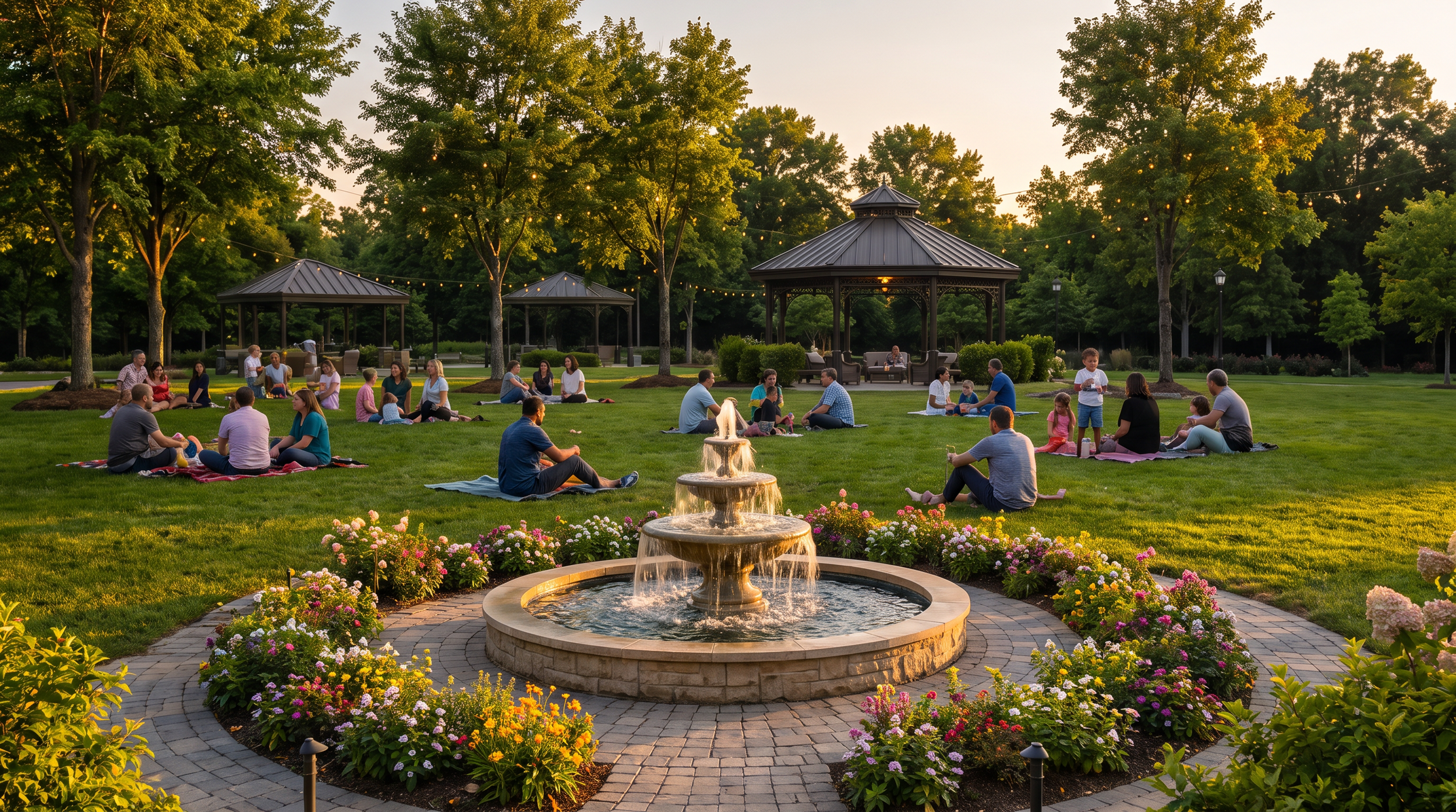 People sitting on blankets and folding chairs in a park during sunset, with trees, string lights, and a fountain surrounded by flowers in the foreground.
