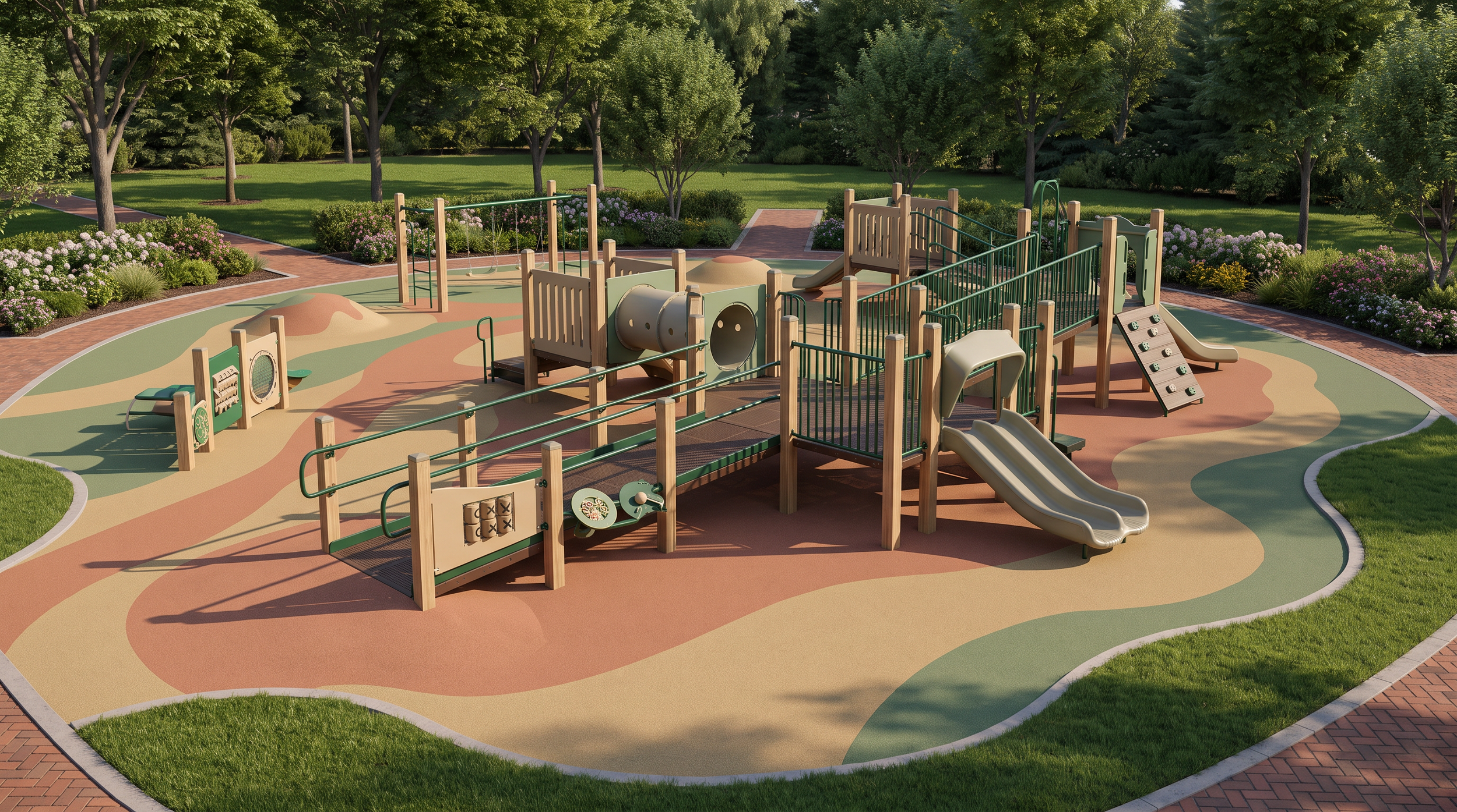 A colorful playground surrounded by lush green trees and plants.