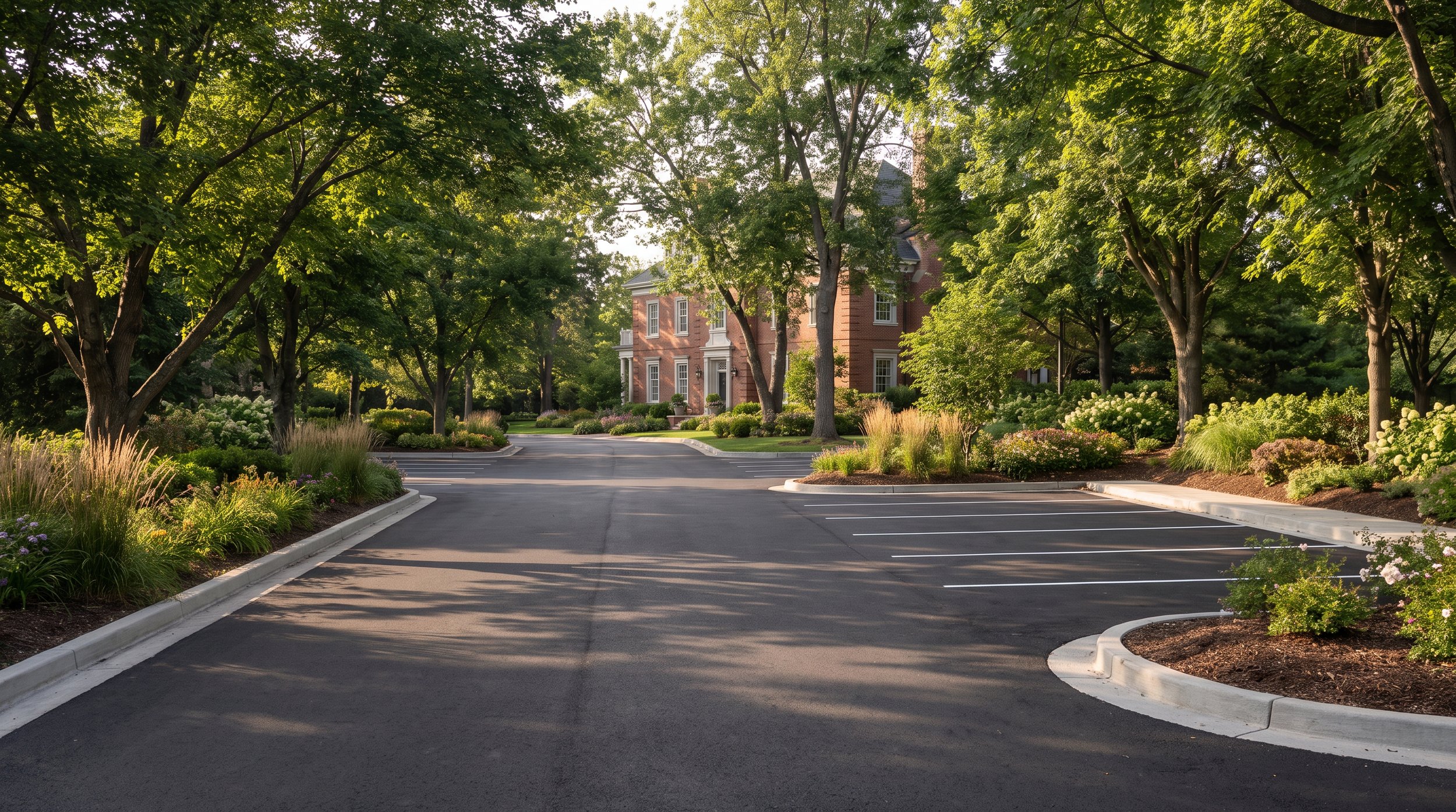 Empty parking lot with trees and bushes, and a brick building in the background under green foliage.