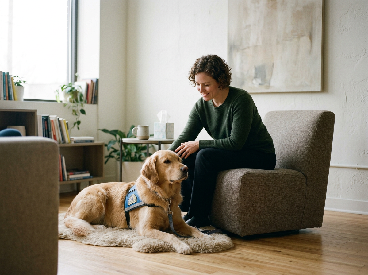 A woman is sitting on an armchair in a room with a golden retriever guide dog lounging on a rug. The woman is smiling at the dog.