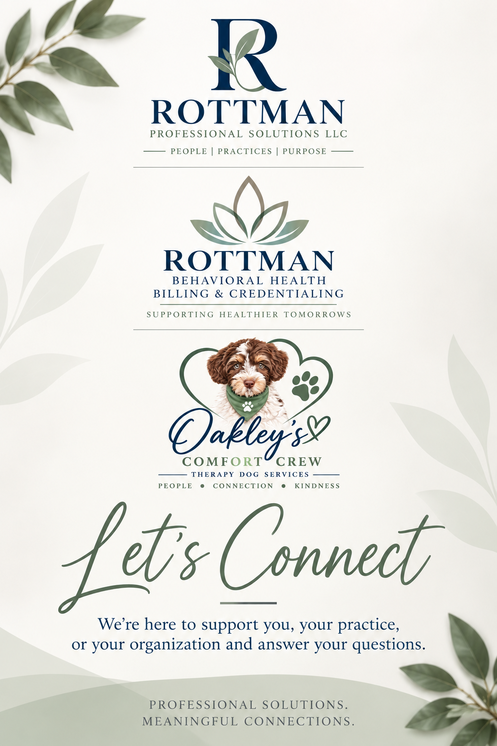 Flyer featuring the logos and services of Rottman Professional Solutions LLC, Rottman Behavioral Health Billing & Credentialing, and Oakley's Comfort Crew Therapy Dog Services, with a dog illustration and decorative leaves in the background.