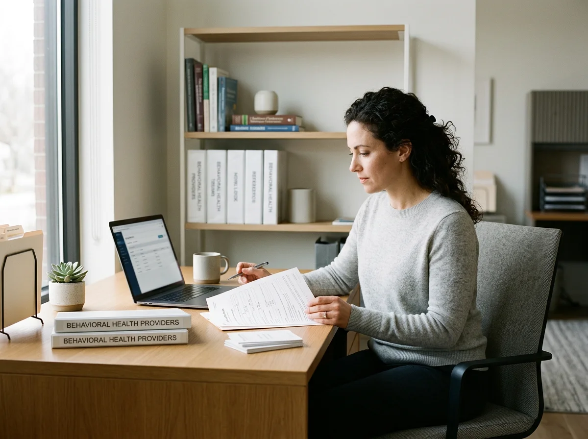 Woman sitting at a desk reading documents with a laptop, coffee mug, and potted plant in an office.