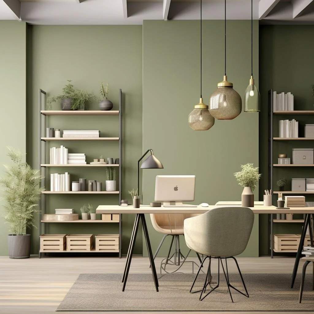 Modern home office with green accent wall, white desk, beige and gray chairs, black shelving, hanging pendant lights, and decorative plants.