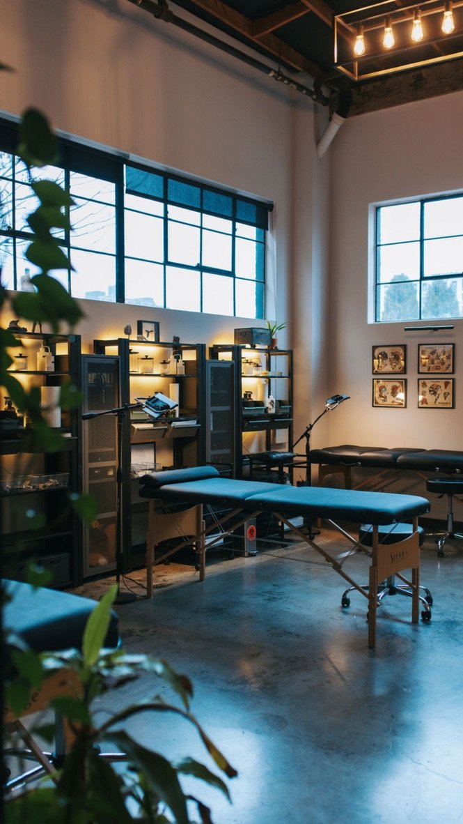 Interior of a modern tattoo or massage studio with a massage table, black cabinets, and framed artwork on the wall, illuminated by warm overhead lighting and natural light from multiple windows.