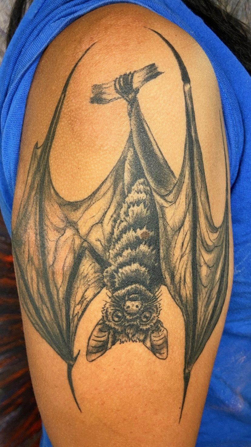 Tattoo of a flying bat with detailed wings, body, and face on a person's upper arm.