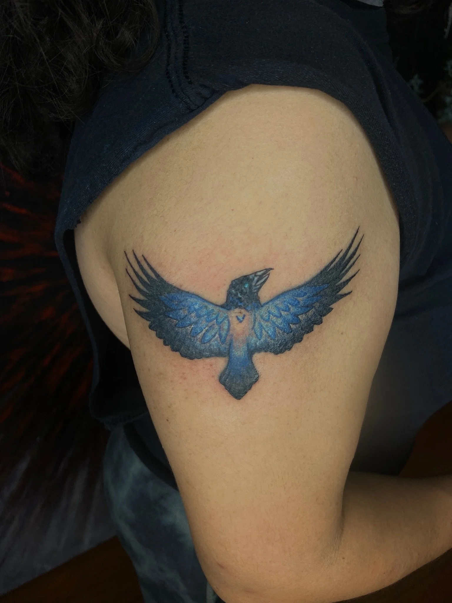 Tattoo of a blue and black phoenix with outstretched wings on a person's upper arm.