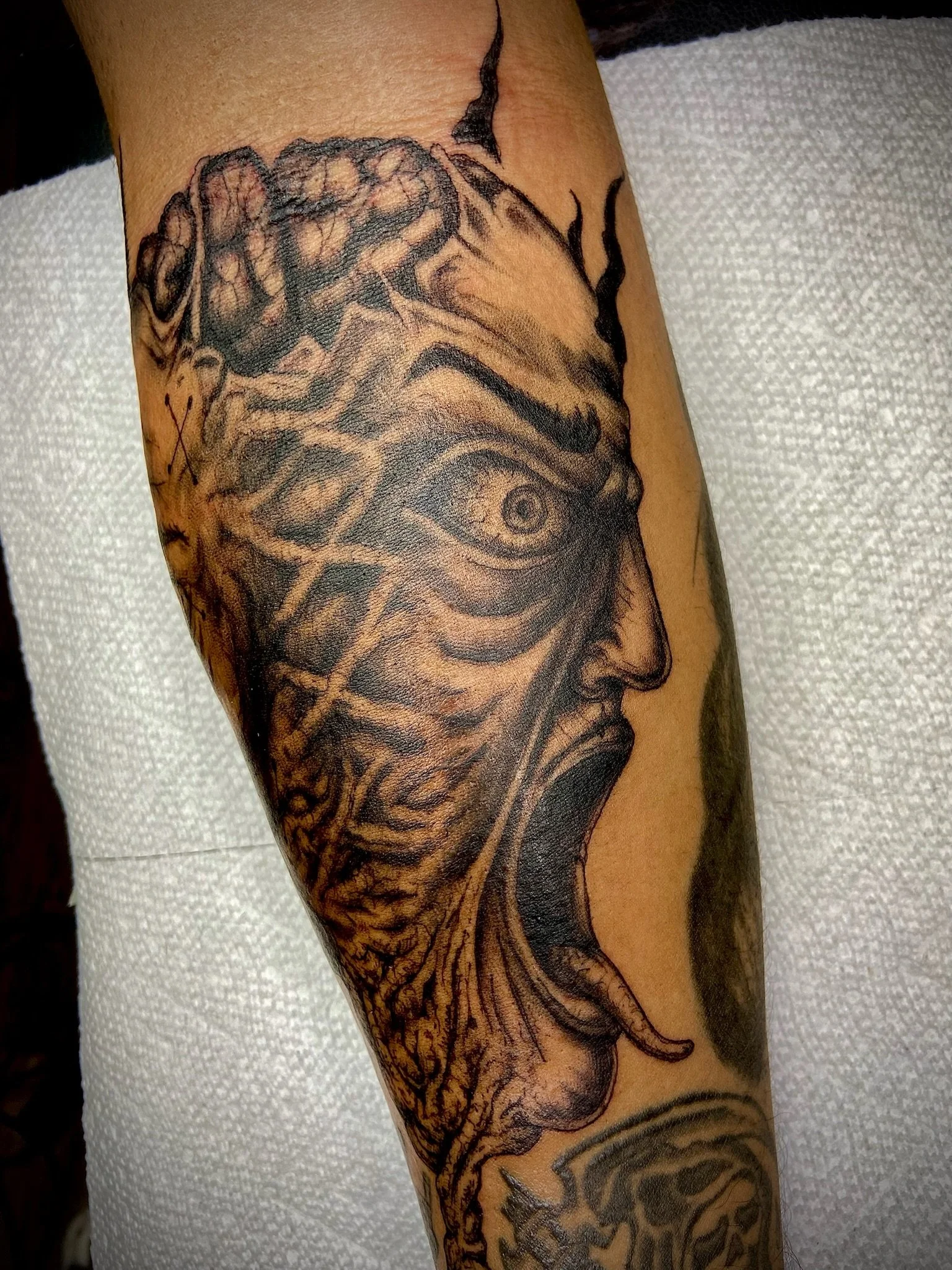 A black and gray tattoo of a woman's face in profile, with an intricate hair design, on a person's arm.