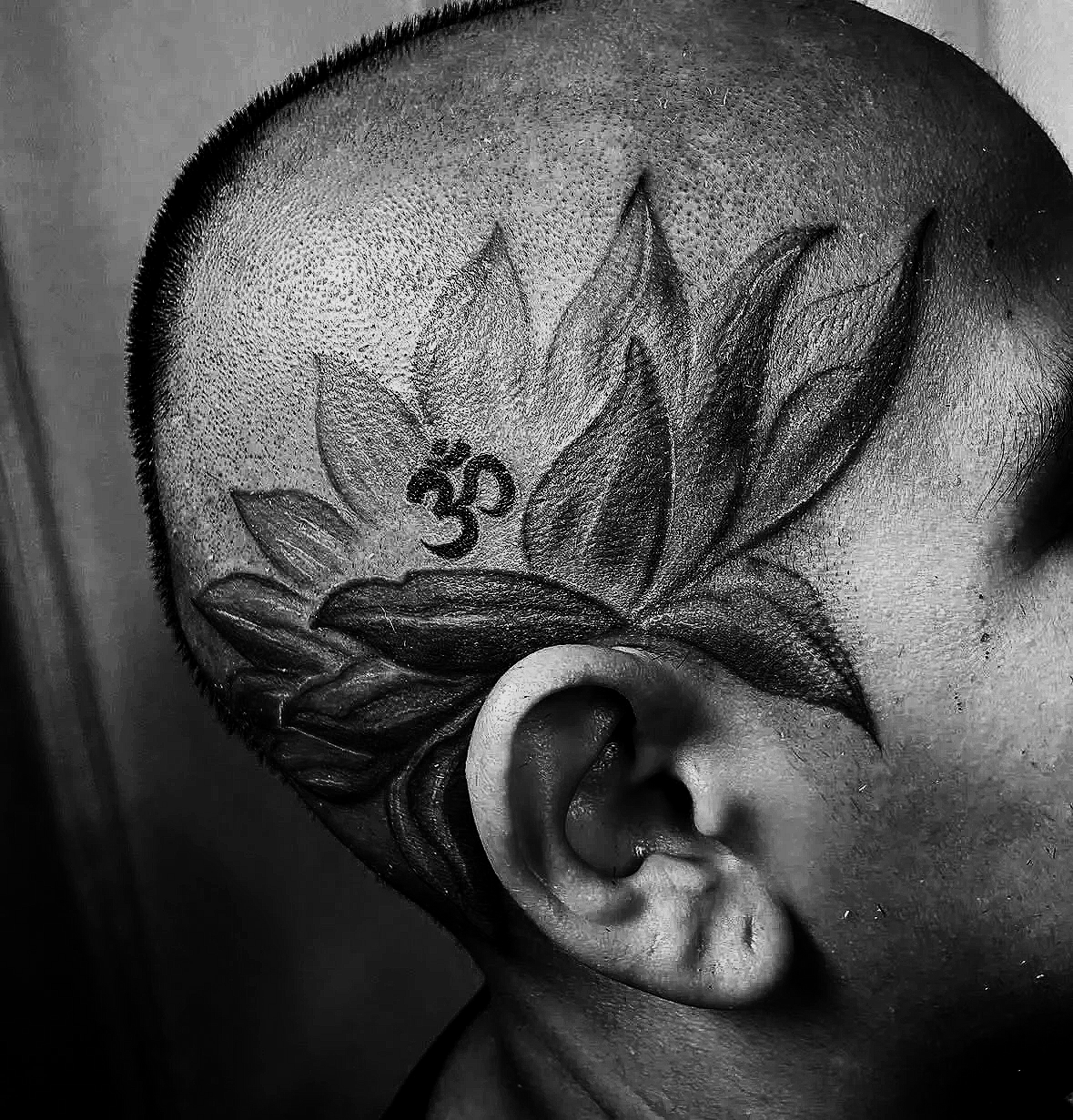 Fine line ornamental head lotus flower tattoo by Agua at Floating Streams Tattoo