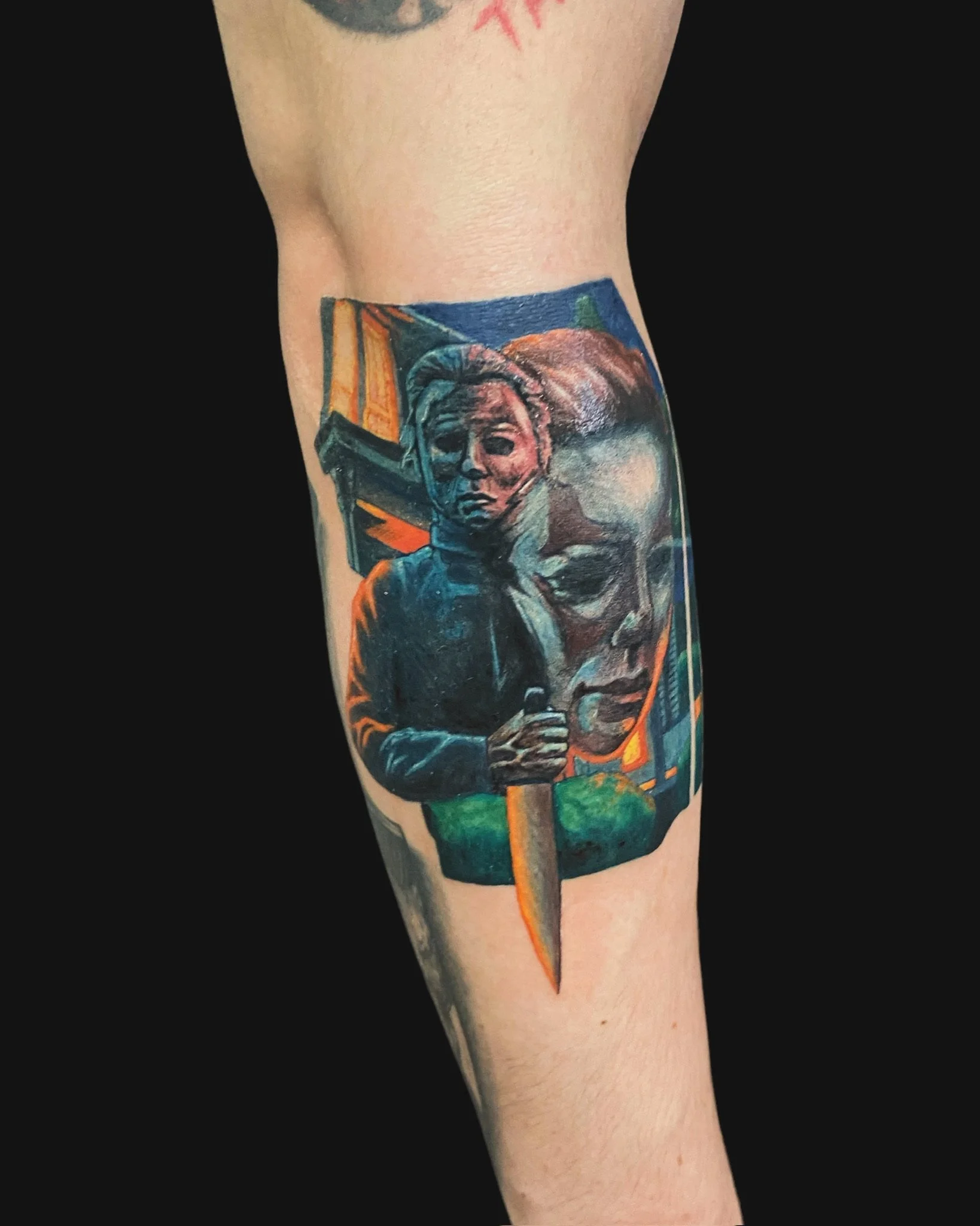 A tattoo on a person's arm featuring a portrait of an elderly woman holding a microphone with a cityscape background.