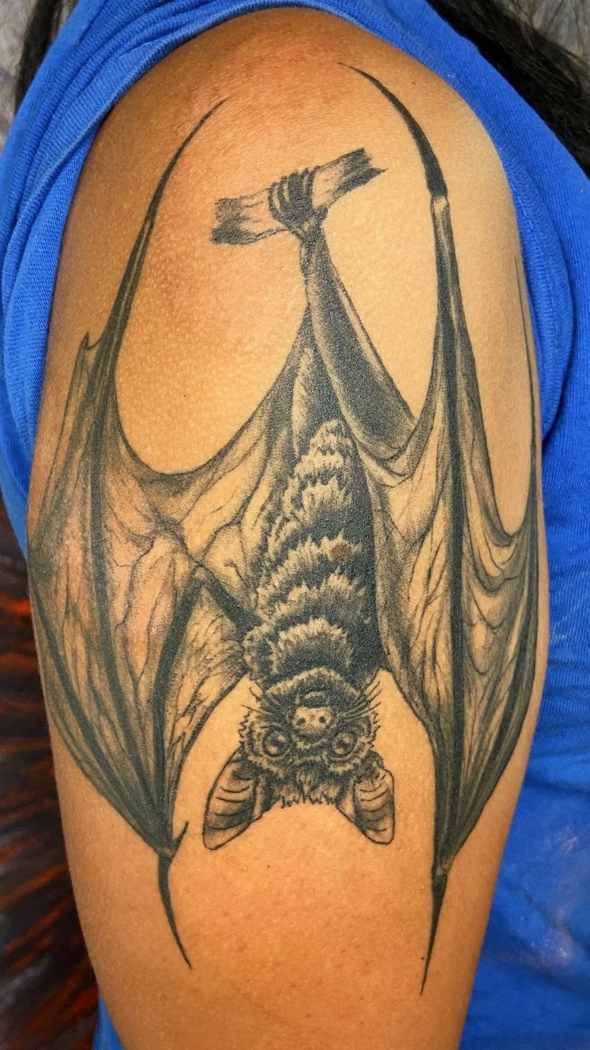 Black and gray tattoo of a bat hanging upside down from its wings on a person's upper arm.