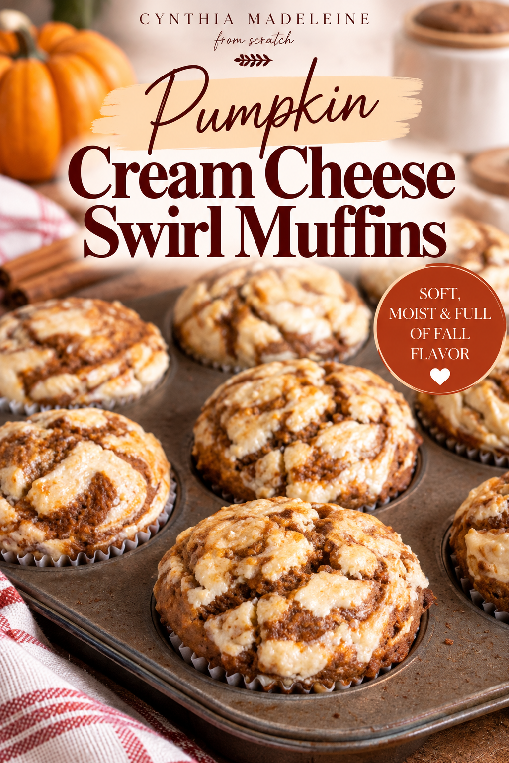 Homemade pumpkin muffins with cream cheese swirl