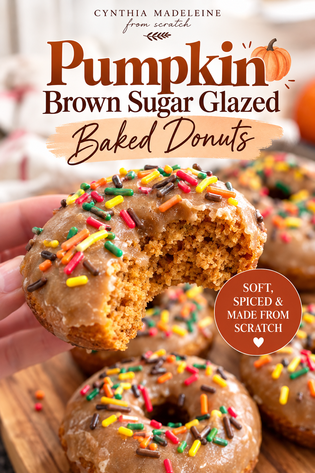 Baked pumpkin donut with brown sugar glaze and fall sprinkles, held in front of a tray of homemade pumpkin donuts.