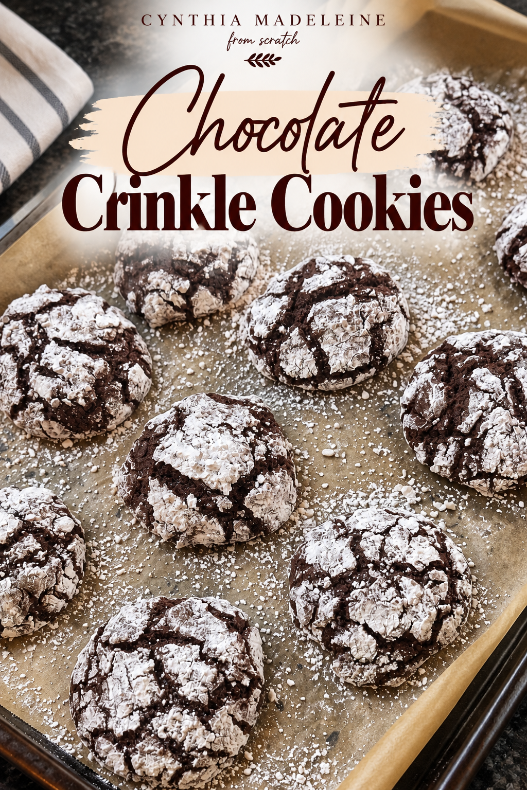 Homemade chocolate crinkle cookies covered in powdered sugar
