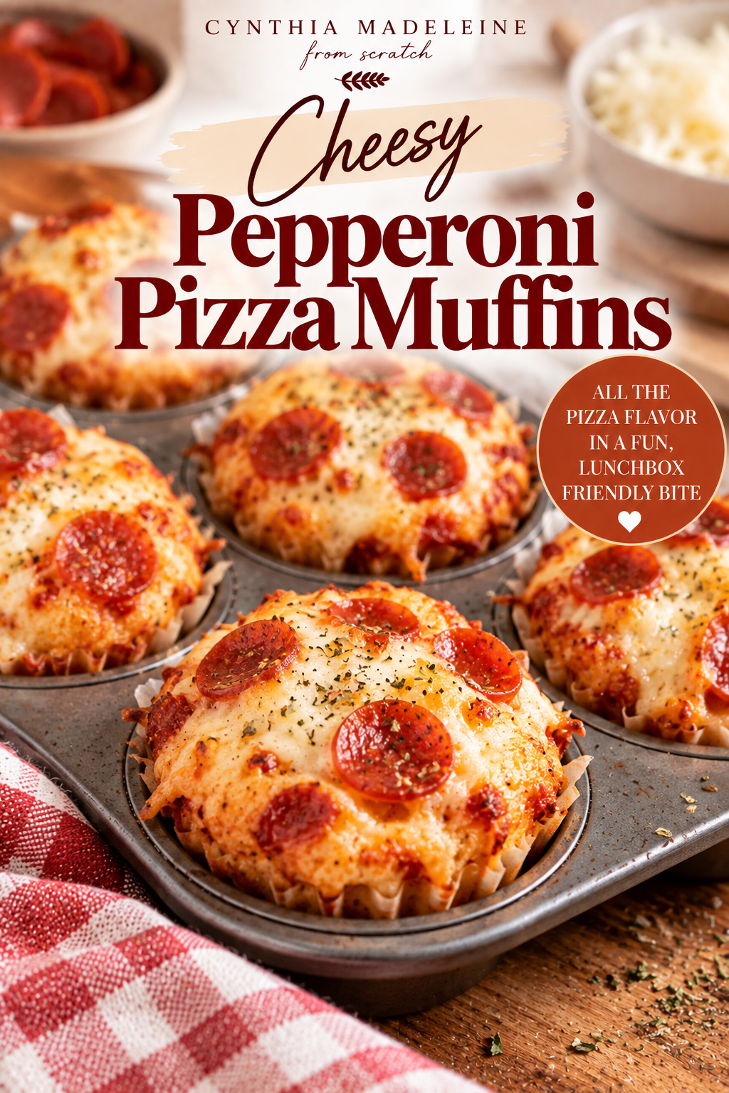 Homemade cheesy pepperoni pizza muffins