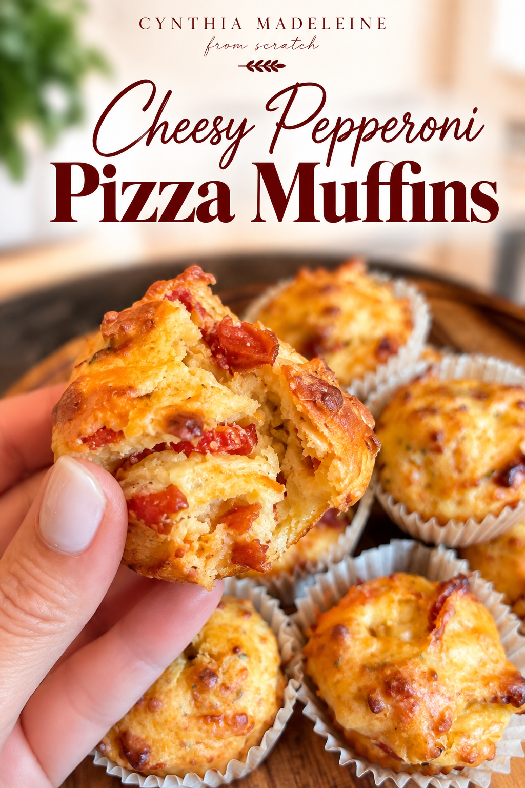 Homemade cheesy pepperoni pizza muffin filled with melted cheese and pieces of pepperoni