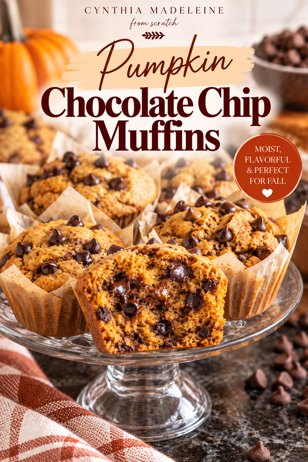 Homemade pumpkin chocolate chip muffins filled with chocolate chips