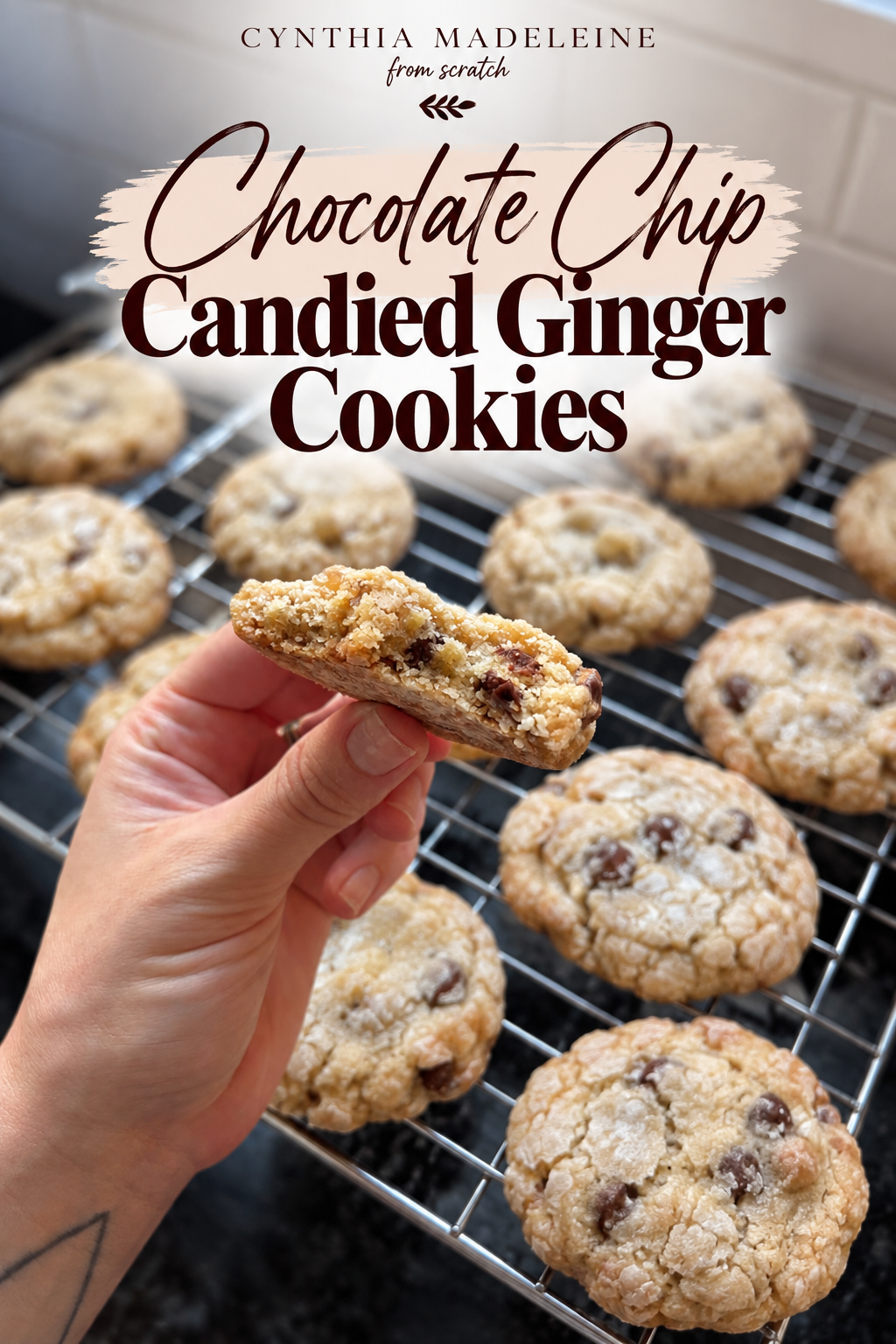 Homemade chocolate chip cookies with pieces of candied ginger