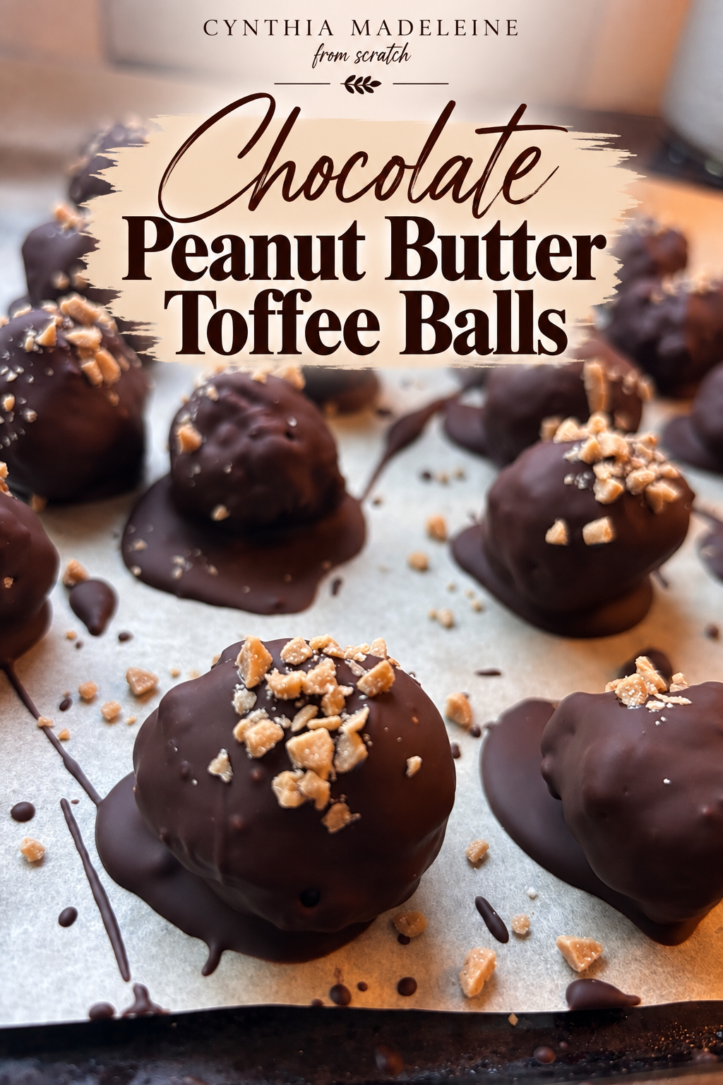 Homemade chocolate peanut butter toffee balls coated in chocolate