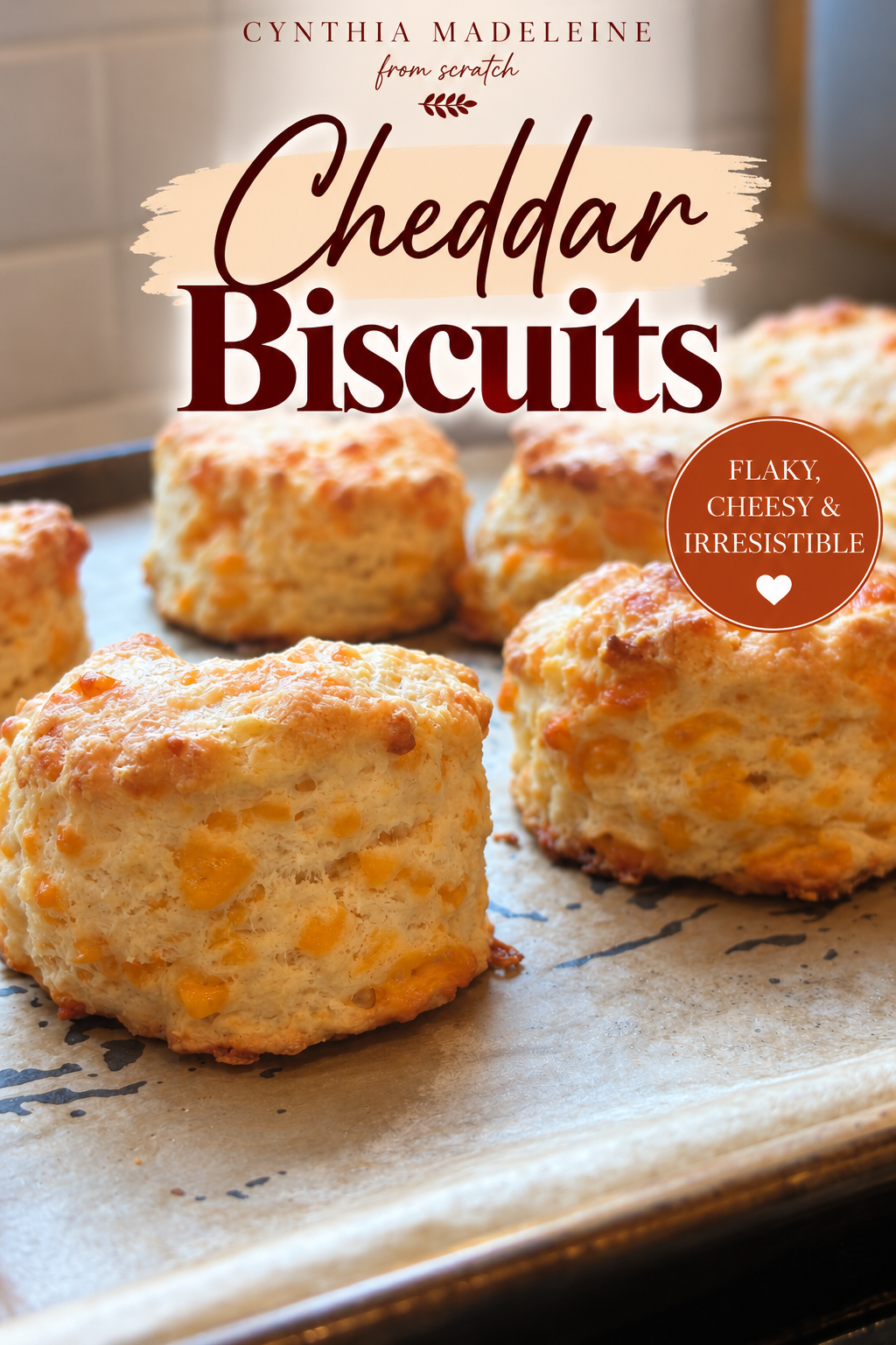 Homemade golden cheddar biscuits made from scratch