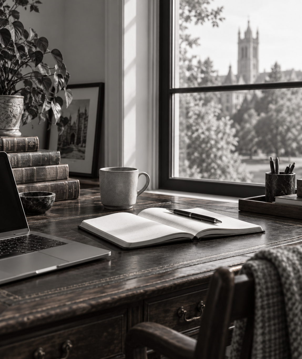 A home office desk with a laptop, an open notebook with a pen, a ceramic mug, a small bowl, a stack of books, a framed photo of a castle, potted plant, and various office supplies near a window showing a view of trees and a distant castle tower.