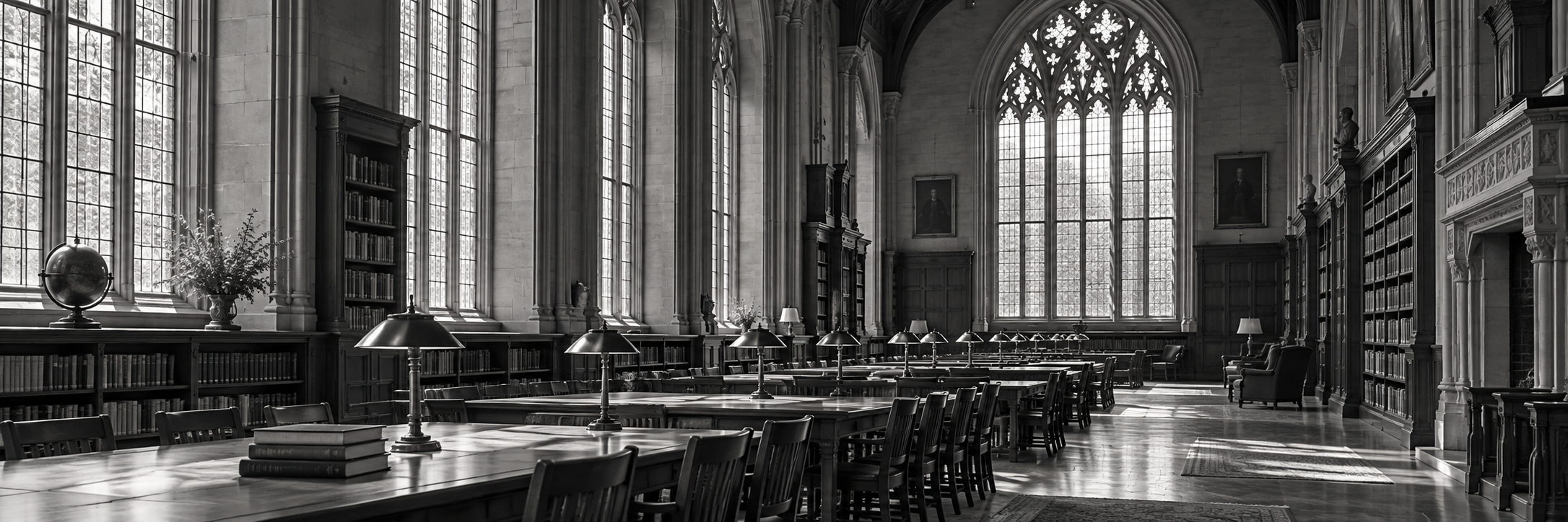 A spacious, old library room with tall Gothic-style windows, wooden bookshelves filled with books, and long tables with reading lamps and chairs.